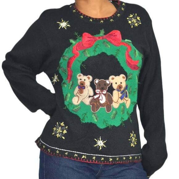 Ugly Christmas Sweater Vintage Teddy Bear Wreath Embroidery Knit Holiday Size XL - Picture 9 of 16